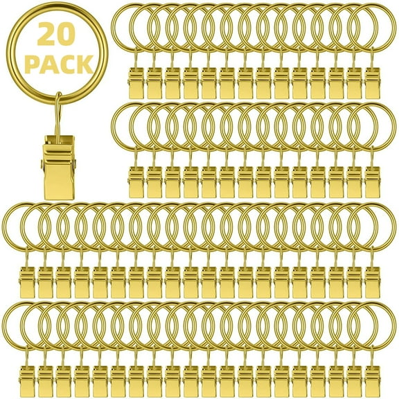 1.5 Inch Metal Curtain Rings with Clips in Gold, Curtain Hangers Clips, Drapery Clips with Rings, Set of 20