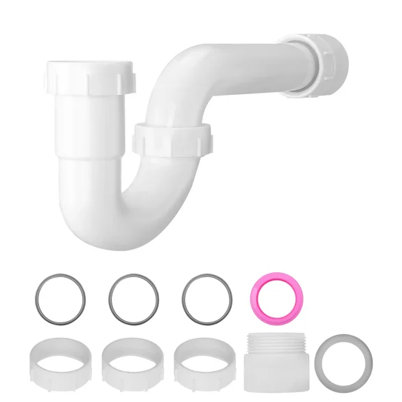 1.5 Inch P-Trap Sink Drain Pipe Kit with Threaded Adapter and Leak-Resistant Washers,Durable PP Plastic for Kitchen and Bathroom Plumbing,White