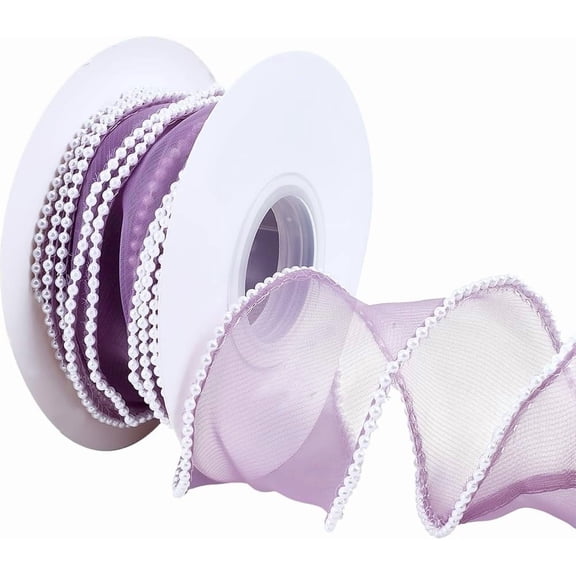 1.5 Inch Purple Pearl Ribbon Transparent Sheer Bridal Pearls Beaded Fishtail Chiffon Organza Trim Ribbons with Spool