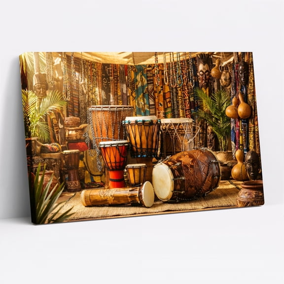 1.5-Inch Thick Canvas Print Wall Art for Living Room, Bedroom, Office or Entryway – Decorative Wall Decor with African Drums And Artifacts Display -18 x 12x 1.5 in