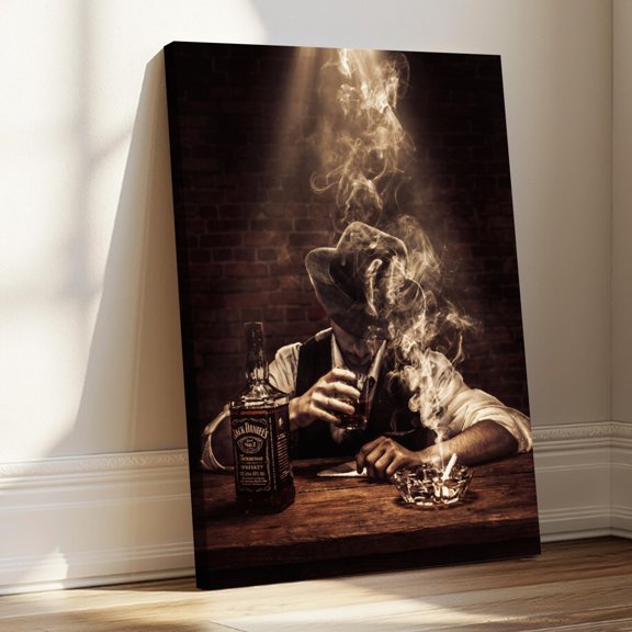 1.5-Inch Thick Canvas Print Wall Art for Living Room, Bedroom, Office or Entryway – Decorative Wall Decor with Man Smoking With Whiskey Bottle -32x48x1.5 in