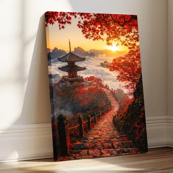 1.5-Inch Thick Canvas Print Wall Art for Living Room, Bedroom, Office or Entryway – Decorative Wall Decor with Autumn Temple Sunset Path Clouds Mountains -32x48x1.5 in
