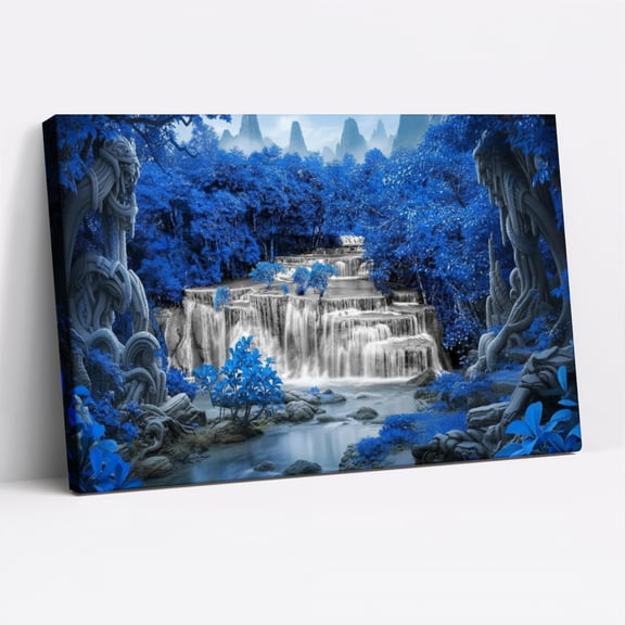 1.5-Inch Thick Canvas Print Wall Art for Living Room, Bedroom, Office or Entryway – Decorative Wall Decor with Blue Forest Waterfall Landscape Art Print -48 x 32x 1.5 in
