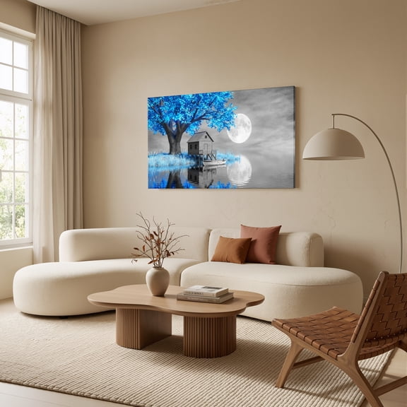 1.5-Inch Thick Canvas Print Wall Art for Living Room, Bedroom, Office or Entryway – Decorative Wall Decor with Blue Tree House Moon Water Reflection -58 x 28 x 1.5 in