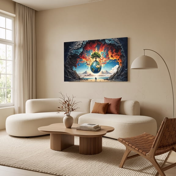 1.5-Inch Thick Canvas Print Wall Art for Living Room, Bedroom, Office or Entryway – Decorative Wall Decor with Earth Tree Fire Sky Mountain People -58 x 28 x 1.5 in