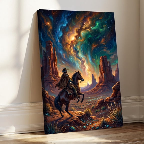 1.5-Inch Thick Canvas Print Wall Art for Living Room, Bedroom, Office or Entryway – Decorative Wall Decor with Cowboy Riding Horse Under Cosmic Sky -12 x18x1.5 in