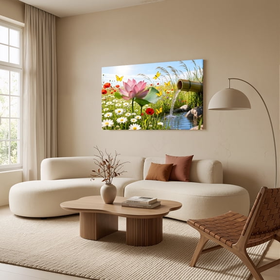 1.5-Inch Thick Canvas Print Wall Art for Living Room, Bedroom, Office or Entryway – Decorative Wall Decor with Flower Field Butterfly Bamboo Water Lotus -48 x 24 x 1.5 in