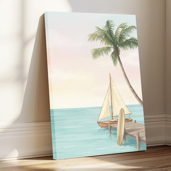 1.5-Inch Thick Canvas Print Wall Art for Living Room, Bedroom, Office or Entryway – Decorative Wall Decor with Sailboat Palm Tree Ocean Dock Sunset Sky -28x40x1.5 in