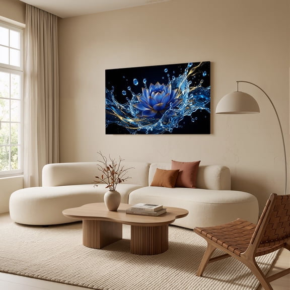 1.5-Inch Thick Canvas Print Wall Art for Living Room, Bedroom, Office or Entryway – Decorative Wall Decor with Blue Lotus Water Splash Art Design -58 x 28 x 1.5 in