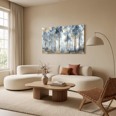 1.5-Inch Thick Canvas Print Wall Art for Living Room, Bedroom, Office or Entryway – Decorative Wall Decor with Misty Forest Trees Blue Gold Hues -32 x 16 x 1.5 in