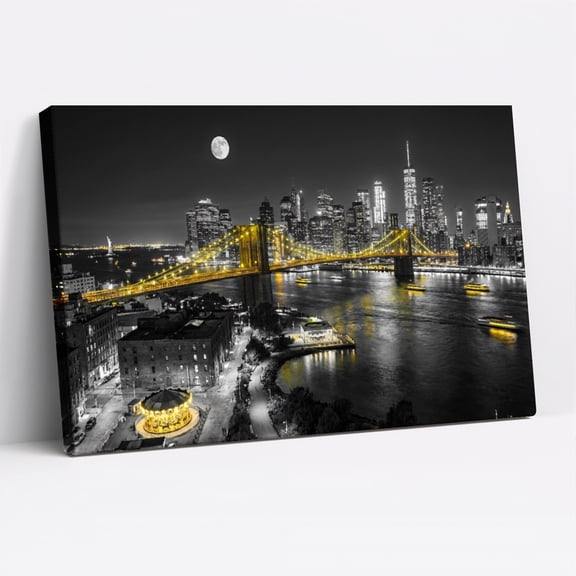 1.5-Inch Thick Canvas Print Wall Art for Living Room, Bedroom, Office or Entryway – Decorative Wall Decor with New York City Night Bridge Moon -48 x 32x 1.5 in