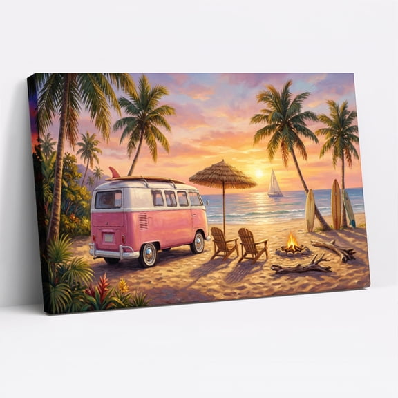 1.5-Inch Thick Canvas Print Wall Art for Living Room, Bedroom, Office or Entryway – Decorative Wall Decor with Pink Van Beach Sunset Palm Trees -30 x 20x 1.5 in
