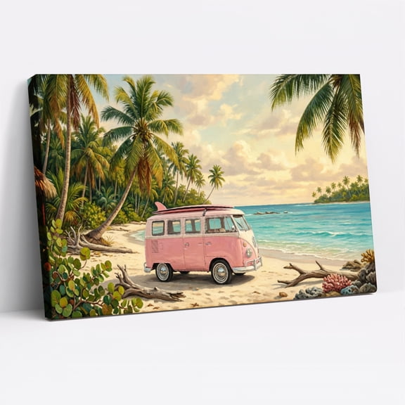 1.5-Inch Thick Canvas Print Wall Art for Living Room, Bedroom, Office or Entryway – Decorative Wall Decor with Pink Van Tropical Beach Scene -30 x 20x 1.5 in