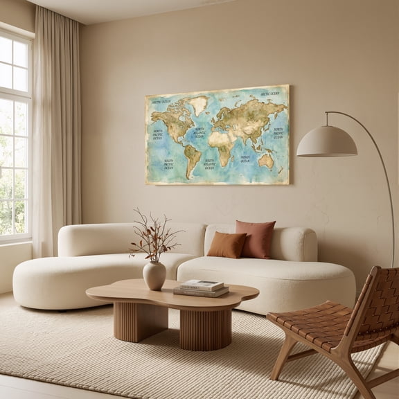 1.5-Inch Thick Canvas Print Wall Art for Living Room, Bedroom, Office or Entryway – Decorative Wall Decor with World Map Ocean Continents Artistic Design -32 x 16 x 1.5 in