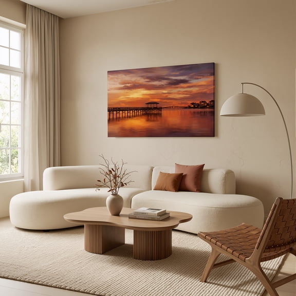1.5-Inch Thick Canvas Print Wall Art for Living Room, Bedroom, Office or Entryway – Decorative Wall Decor with Sunset Sky Water Dock Reflections Houses -48 x 24 x 1.5 in