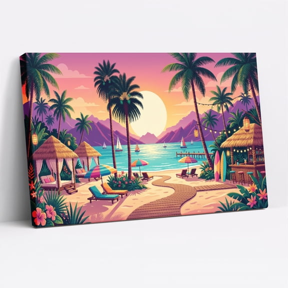 1.5-Inch Thick Canvas Print Wall Art for Living Room, Bedroom, Office or Entryway Decorative Wall Decor with Tropical Beach Sunset Palm Trees Cabanas -30 x 20x 1.5 in