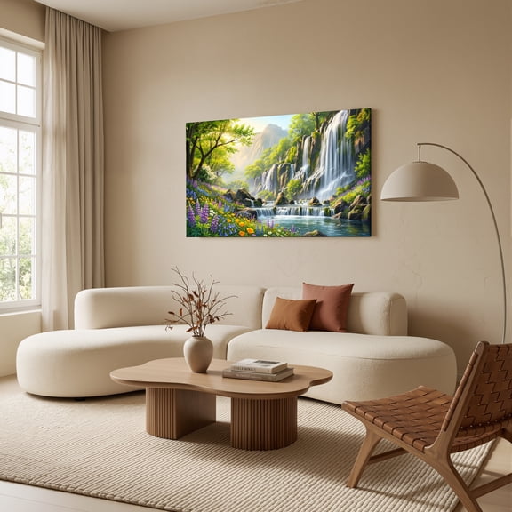 1.5-Inch Thick Canvas Print Wall Art for Living Room, Bedroom, Office or Entryway – Decorative Wall Decor with Waterfall Forest Spring Flowers Mountain Stream -48 x 24 x 1.5 in