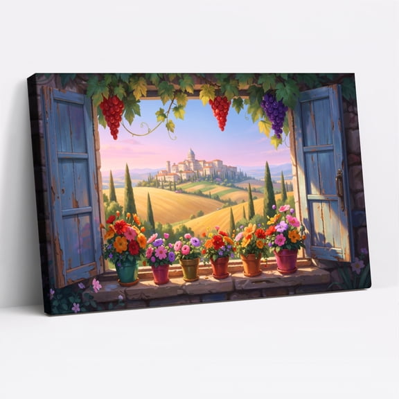 1.5-Inch Thick Canvas Print Wall Art for Living Room, Bedroom, Office or Entryway – Decorative Wall Decor with Window View With Flowers And Vineyard -36 x 24x 1.5 in