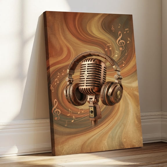 1.5-Inch Thick Canvas Print Wall Art for Living Room, Bedroom, Office or Entryway – Decorative Wall Decor with Vintage Microphone Headphones Music Notes Swirl Background -16Lx24x1.5 in