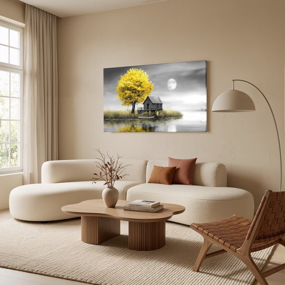 1.5-Inch Thick Canvas Print Wall Art for Living Room, Bedroom, Office or Entryway – Decorative Wall Decor with Yellow Tree House Moon Water Reflection -32 x 16 x 1.5 in