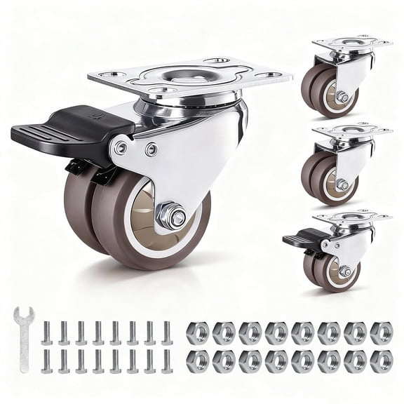 1.5 Inch Twin Wheel Casters Set of 4, 396Lbs Heavy Duty Swivel Plate Caster Wheels, 2 with Brake & 2 Without, Quiet Rubber Wheels for Workbench, Cart (Wrench & Nuts Included)