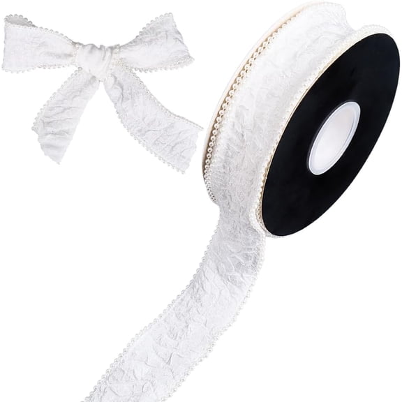 1.5 Inch White Ribbon with Pearls Fishtail Soild Pleated Ruffle Pearl Edge Bead Chiffon Fabric Ribbons Trim Bulk Roll