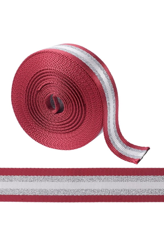 1.5 Inch Wide Striped Nylon Webbing Heavy Duty Webbing Strap 5 Yards Metallic Silver White Stripes Backpack Straps Indian Red Nylon Belt for DIY Sewing Crafts Bag Replacement Crossbody