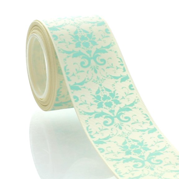 1.5" Ivory Aqua Damask Grosgrain Ribbon 5 Yard