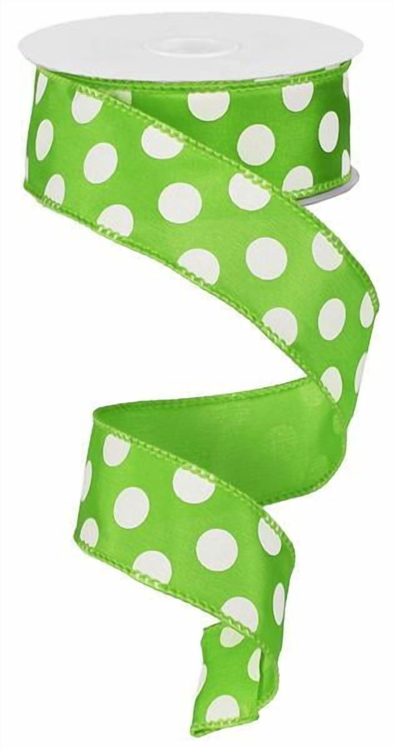 1.5" Lime Green White Big Polka Dot Ribbon - 50 Yard Roll - Craig Bachman Wired Edge Lime Green Ribbon with White Polka Dots RG558633 (Lime Green)