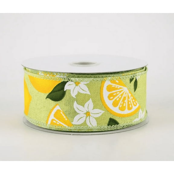 1.5" Linen Lemons & Flowers Ribbon: Lime Green (10 Yards)