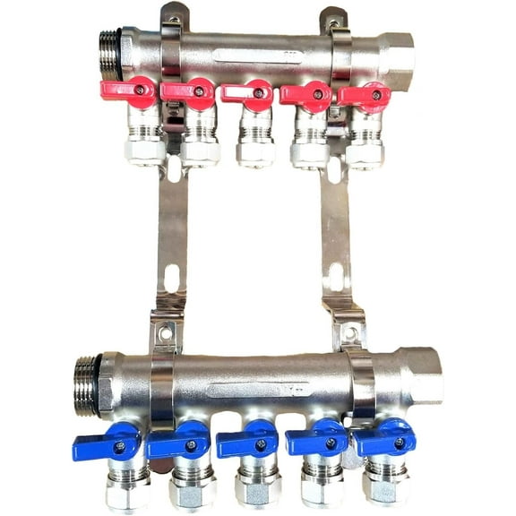 1" 5-Loop/Port Ball Valve Brass Pex Manifold for 1/2" Pex Tubing w/brackets