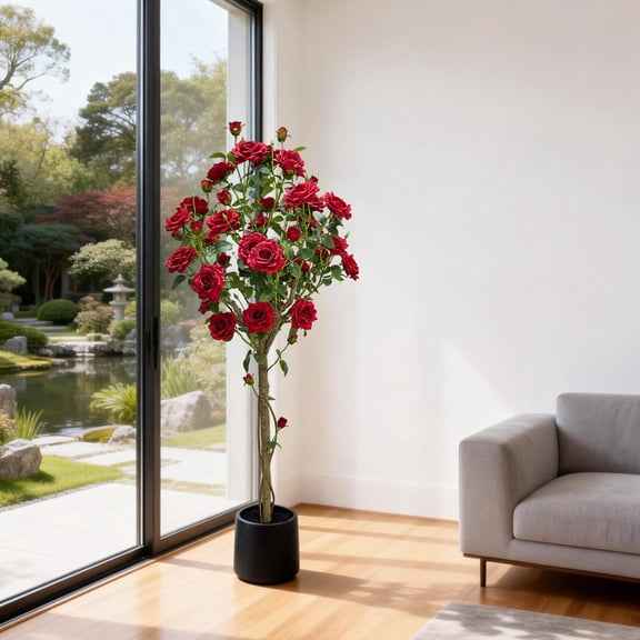 1.5-Meter Artificial Rose Tree, Realistic Silk Flower Plant with Plastic Trunk in Decorative Pot, for Indoor & Covered Outdoor Decor