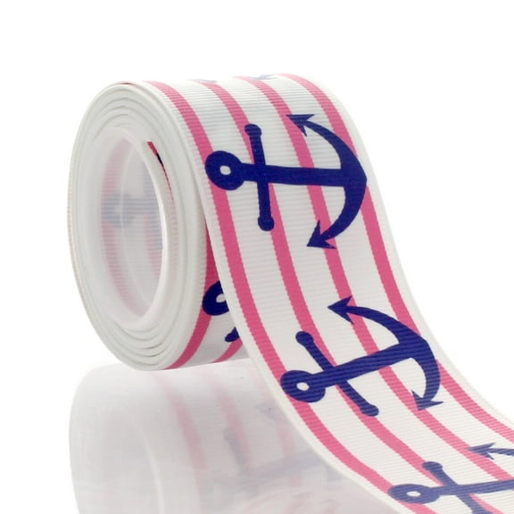 1.5" Pink Blue Nautical Anchors Grosgrain Ribbon 5 Yards