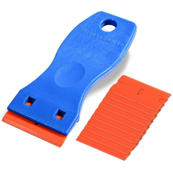 1.5" Plastic Razor Scraper with 10pcs Double Edged Plastic Blades for Removing Labels Stickers Decals on Glass Windows (Blue)