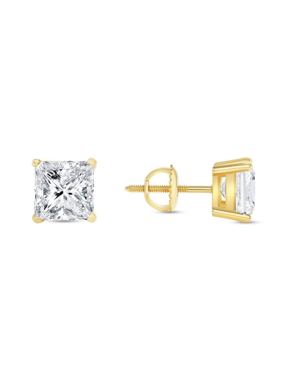 1.5 Princess Lab Created Grown Diamond Earrings Solid 14K Yellow Gold F/VS Screw