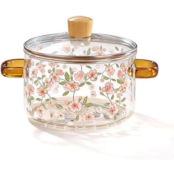 1.5 Quart High Borosilicate Glass Pot with Lid, Floral Printed Clear Glass Saucepan with Heat-Resistant Double Handles, Multipurpose Cookware for Stovetop, Microwave, Oven & Fridge Safe