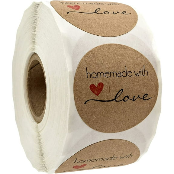 1.5" Round Natural Brown Kraft Homemade With Love Stickers / 500 Brown Kraft Labels Roll / Made In The USA