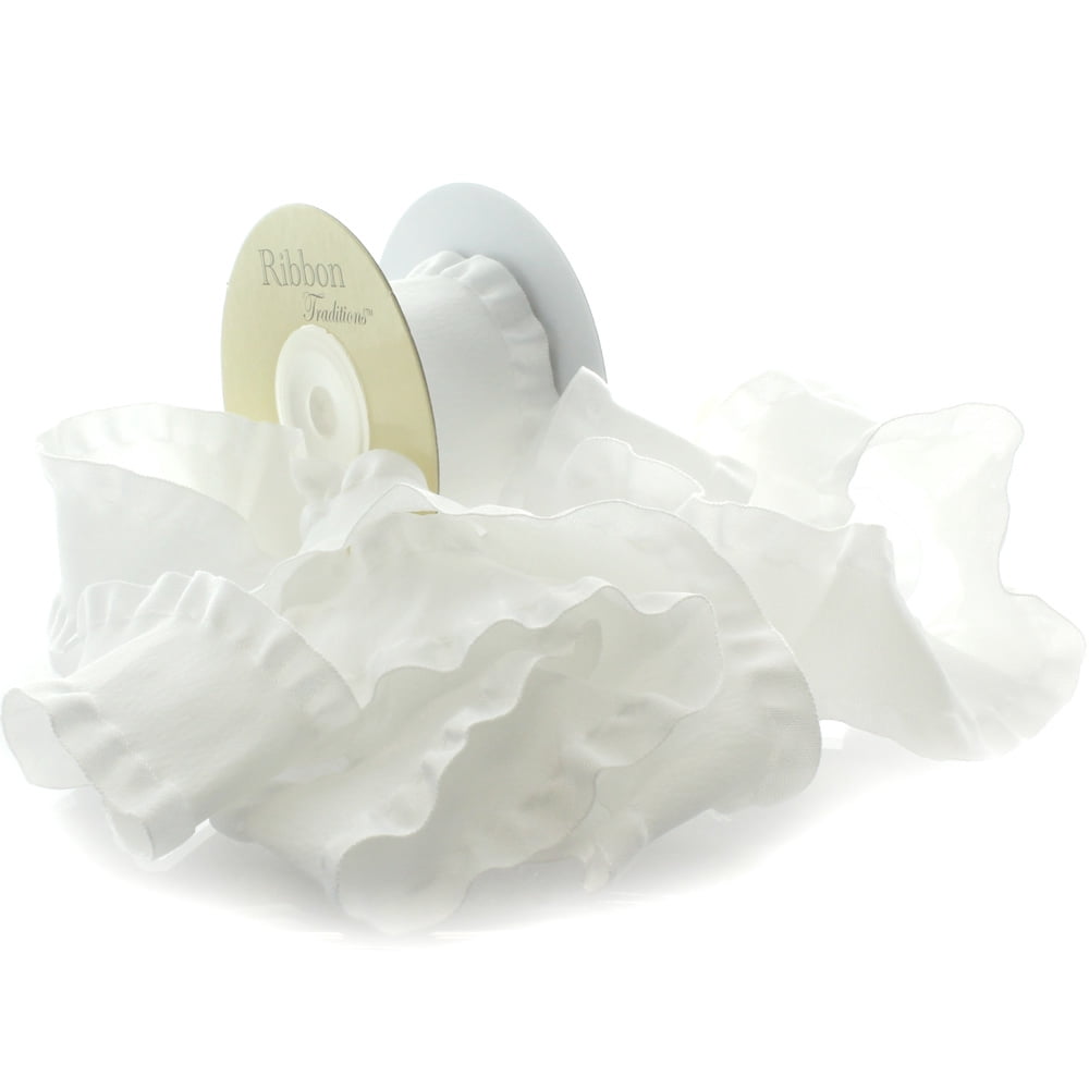 1.5" Satin Double Ruffle Ribbon 029 White 25 Yard