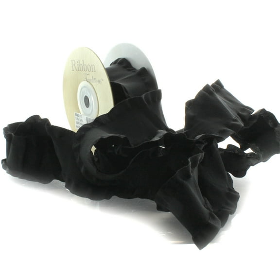 1.5" Satin Double Ruffle Ribbon 030 Black 25 Yard