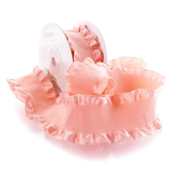 1.5" Satin Double Ruffle Ribbon 115 Blush Pink 25 Yard