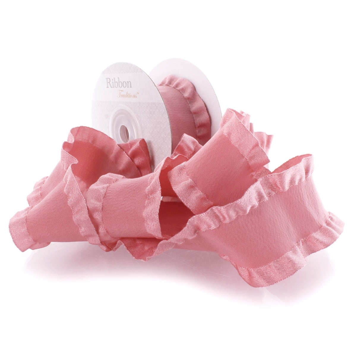 1.5" Satin Double Ruffle Ribbon 149 Dusty Mauve 25 Yard