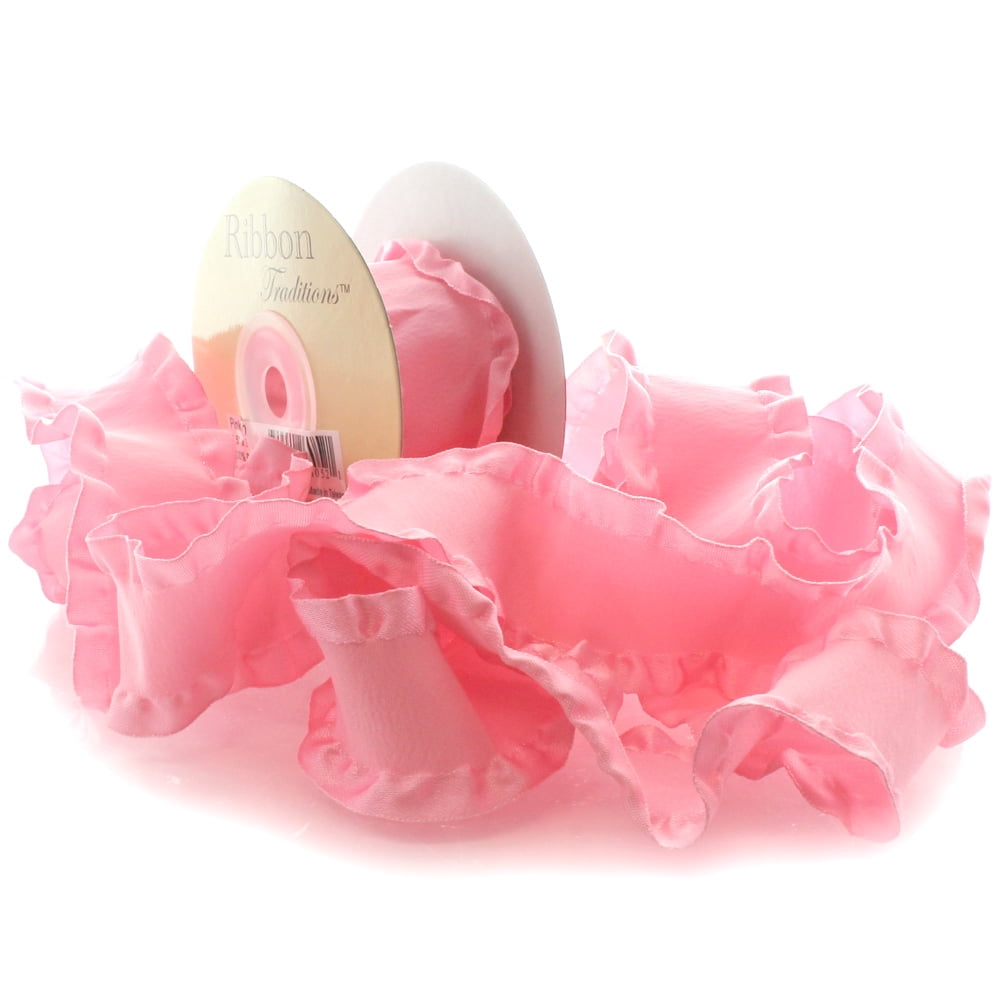 1.5" Satin Double Ruffle Ribbon 150 Pink 25 Yard