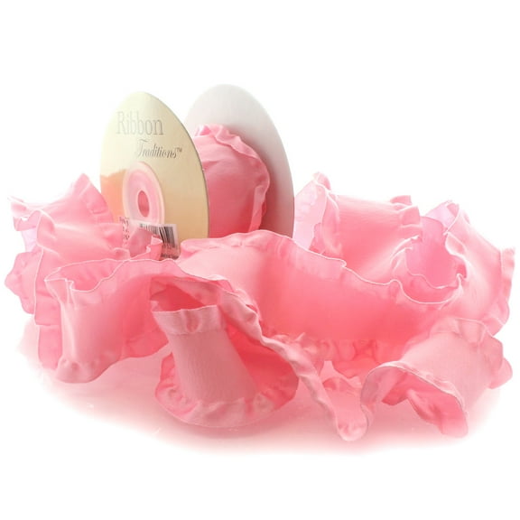 1.5" Satin Double Ruffle Ribbon 150 Pink 25 Yard