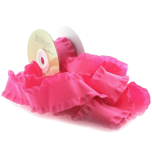 1.5" Satin Double Ruffle Ribbon 156 Hot Pink 25 Yard