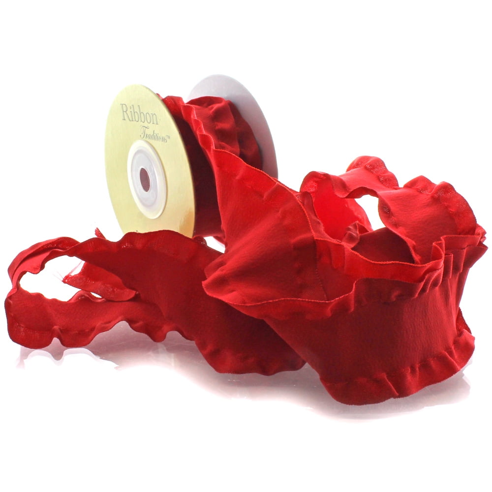 1.5" Satin Double Ruffle Ribbon 250 Red 25 Yard