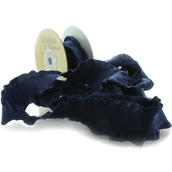 1.5" Satin Double Ruffle Ribbon 370 Navy 25 Yard