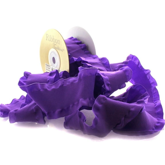 1.5" Satin Double Ruffle Ribbon 465 Purple 25 Yard