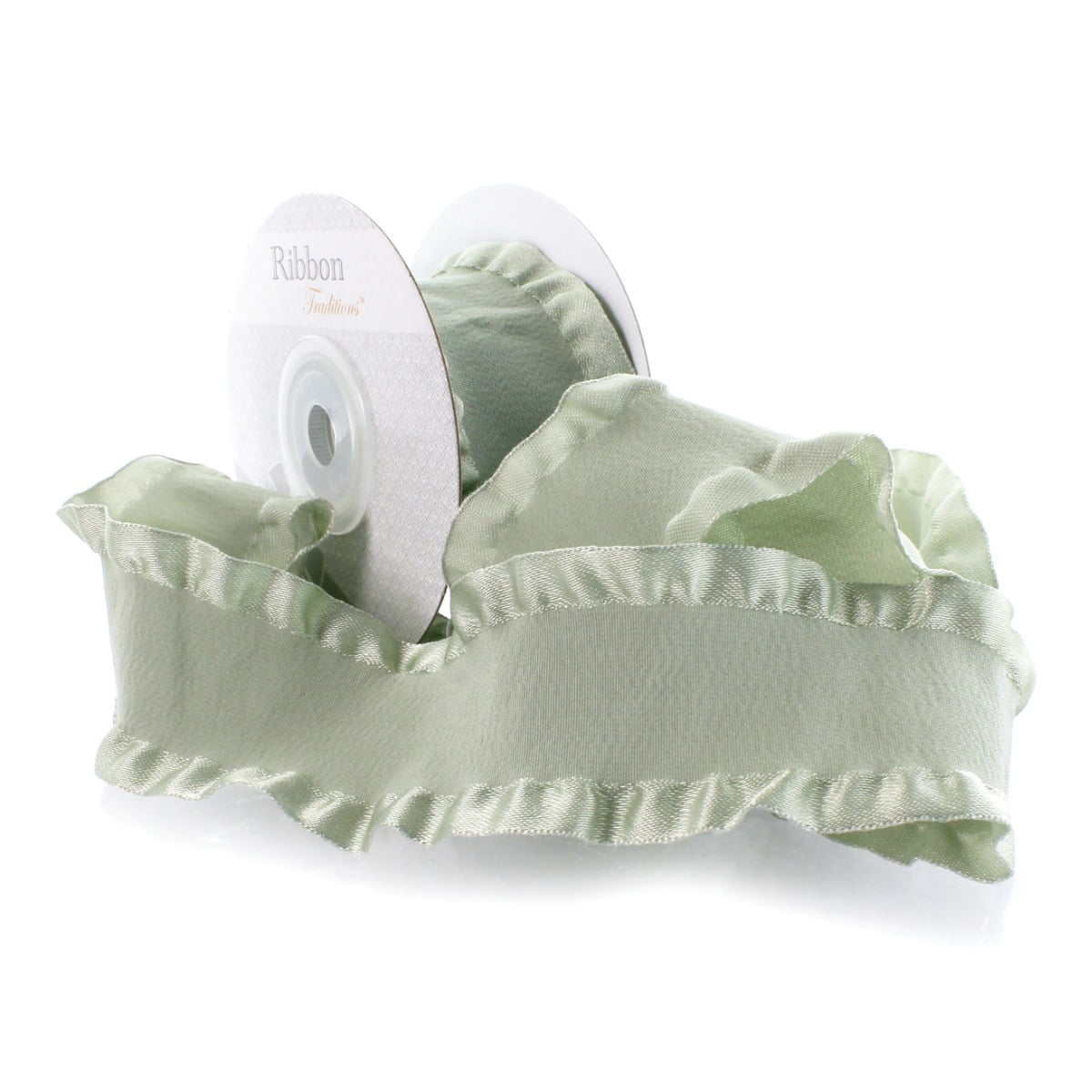 1.5" Satin Double Ruffle Ribbon 566 Rustic Sage 25 Yard