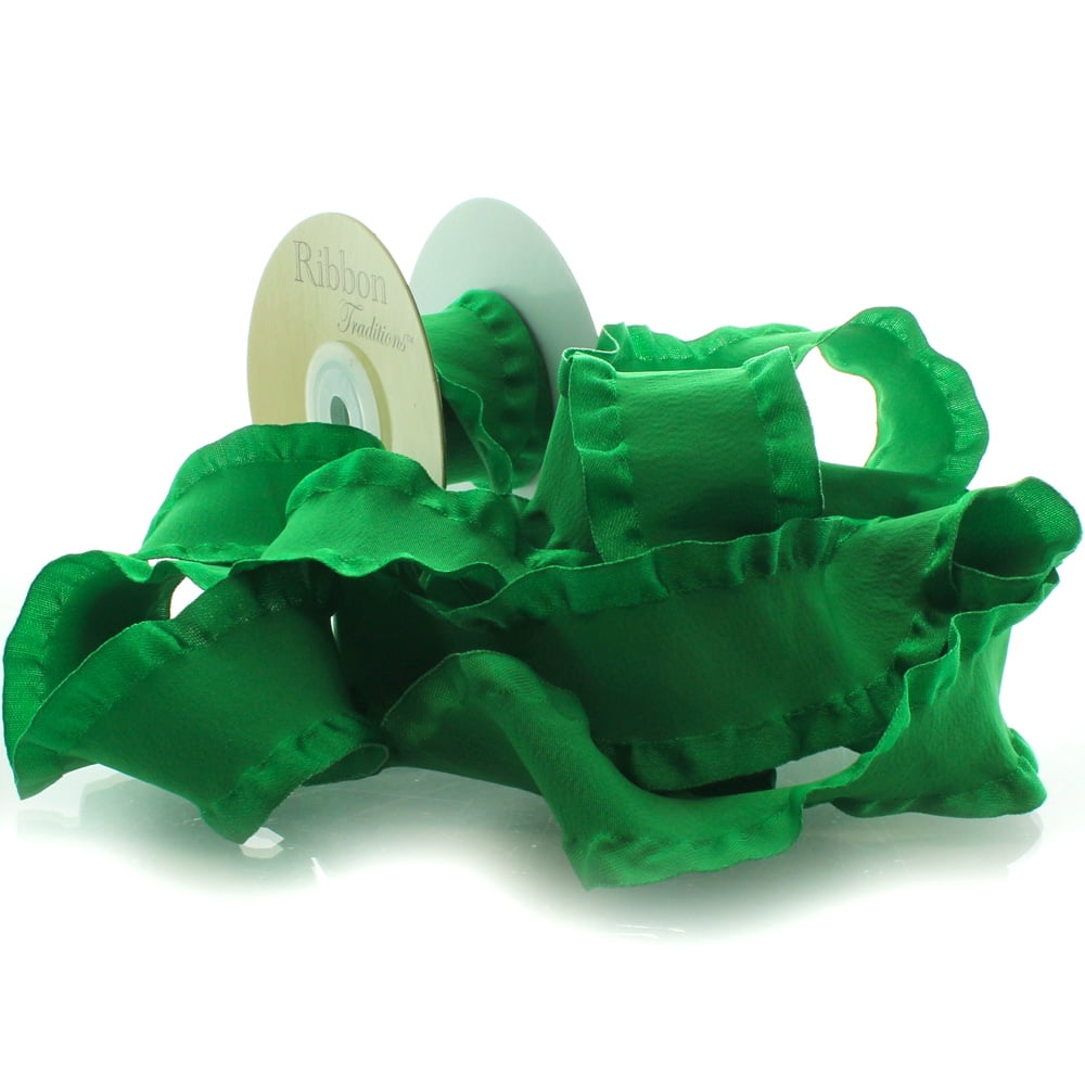 1.5" Satin Double Ruffle Ribbon 580 Emerald Green 25 Yard