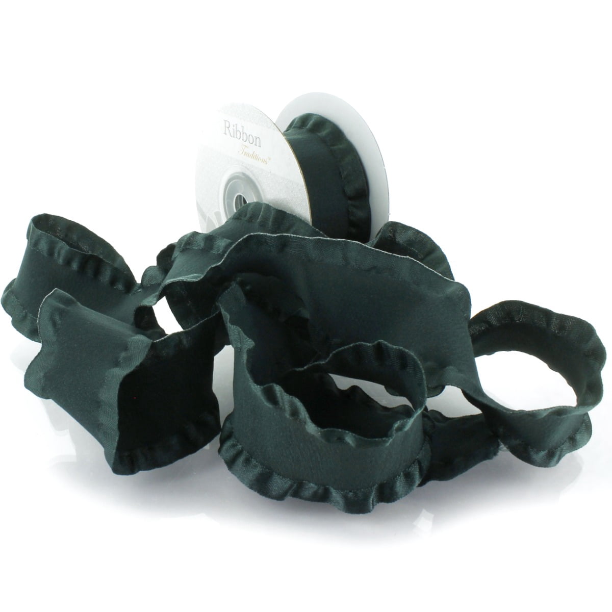 1.5" Satin Double Ruffle Ribbon 593 Hunter Green 25 Yard